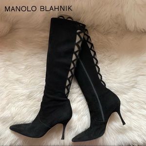 MANOLO BLAHNIK Suede Knee High Cut Out Boots